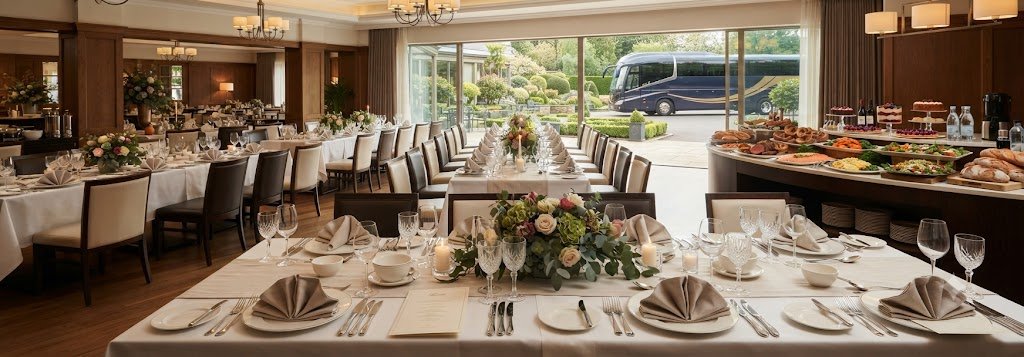 Group dining set-up for a coach party at Oakwood Hotel