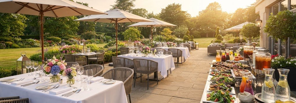 Guests enjoying a summer group function on the Terrace at Oakwood Hotel