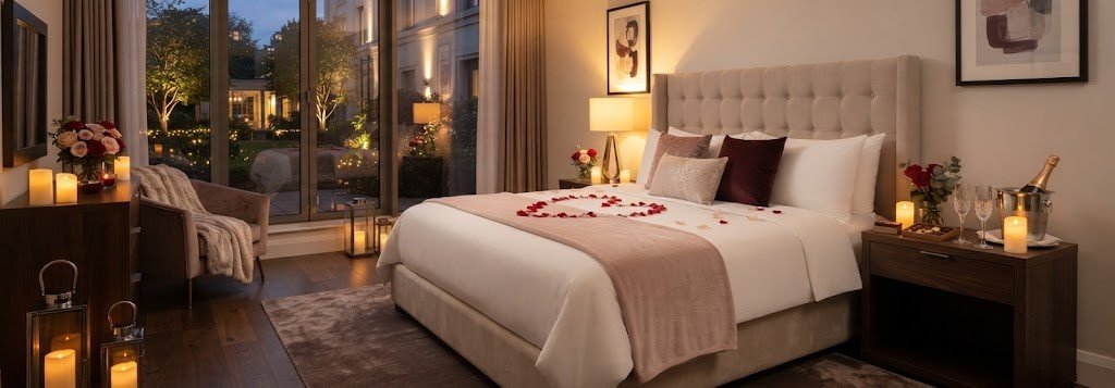 Romantic room set-up for a Valentine's stay at Oakwood Hotel