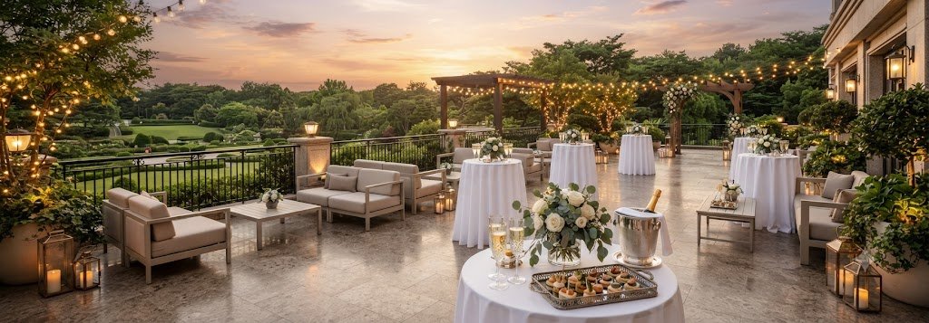 Wedding drinks reception on the Terrace at Oakwood Hotel